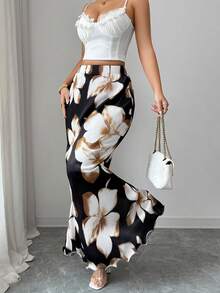 Elenzga Chân váy đuôi cá xếp ly cạp cao bằng vải satin in hoa thanh lịch, thời trang và sang trọng cho các dịp xuân/hè. - Nhiều màu - Xem 3