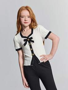 Maija Kids Maija Kids 少女杏色罗纹撞色金色花朵纽扣圆领短袖休闲T恤 - 杏色 - 查看 4