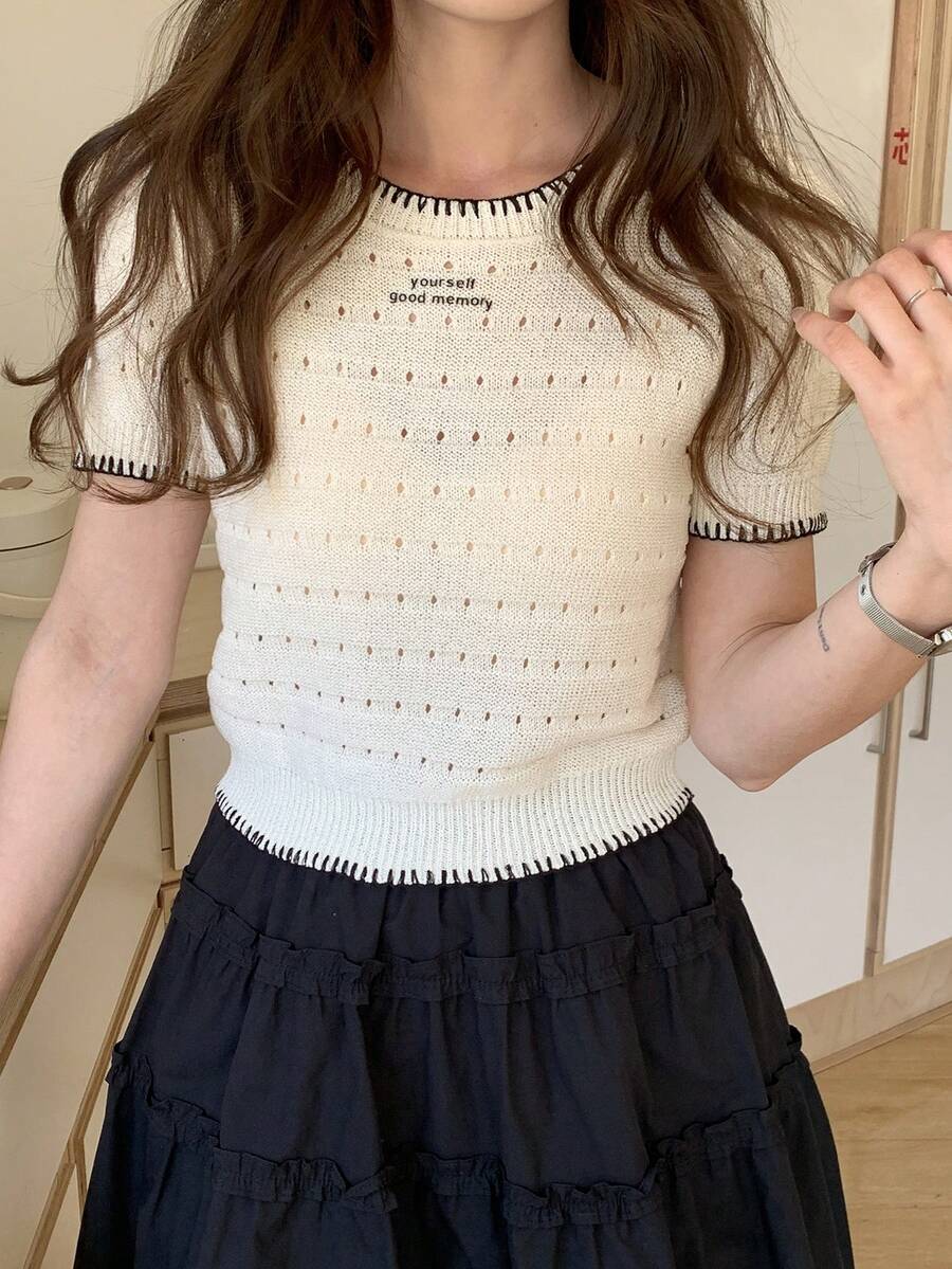 DAZY Áo thun nữ cổ tròn tay ngắn khoét lỗ, in khẩu hiệu, kiểu dáng thường ngày. - trắng - Xem 1