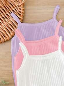 SHEIN LMoss Kids LMoss 3件套新生儿女宝宝可爱白色针织吊带连体衣套装，夏季款 - 彩色 - 查看 3