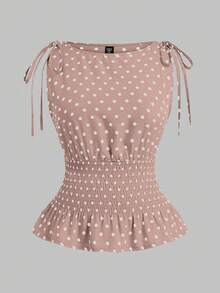 Sweetra 大码波点系带肩部荷叶边下摆无袖吊带衫 - 粉色 - 查看 6