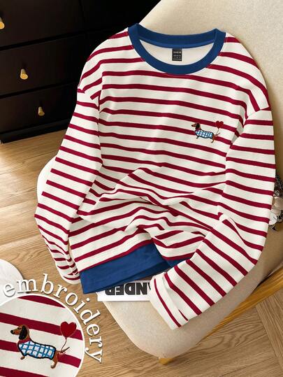 Resyla Sudadera informal con estampado de rayas y bordado de perro salchicha para mujer talla grande