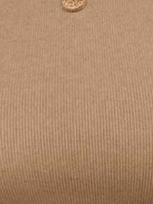 SHEIN Clasi 女士纯色圆领短袖修身休闲T恤 - 卡其色 - 查看 7