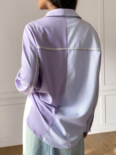 Veilorie Women's Contrast Color Long Sleeve Single-Breasted Casual Loose Shirt