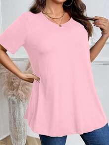 Women's Plus Size Pink Short Sleeve T-Shirt With Round Neck And Regular Hem Detail - Pink - View 5