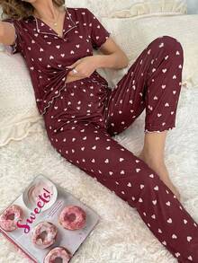 Dream Adore طقم بيجامة بياقة على شكل حرف V وكشكشة وأكمام قصيرة مطبوع عليها قلوب - متعدد الألوان - مشاهدة 8