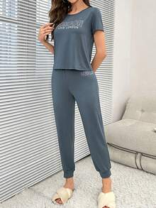 Slogan Graphic Tee & Tie Front Trousers PJ Set - Dusty Blue - View 3