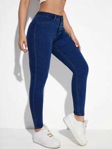 EMERY ROSE Quần jean skinny dáng suông có túi cài nút dành cho nữ cỡ lớn, thích hợp mặc hàng ngày, thích hợp mặc thường ngày. - Rửa tối - Xem 3