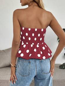 Almamuse 女士波点印花荷叶边下摆时尚抹胸上衣 - 酒紅色 - 查看 2