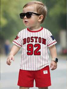 SHEIN 2件套男童休闲时尚经典Y2K风格短袖T恤短裤套装，英文“BOSTON”字样，92号，运动宽松舒适，适合春夏穿着。 - 彩色 - 查看 2