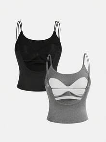 SHEIN Set de 2 camisetas de tirantes casuales para adolescentes con sujetador incorporado, negro y gris, compra 1 y llévate 1 gratis - Multicolor - Ver 2