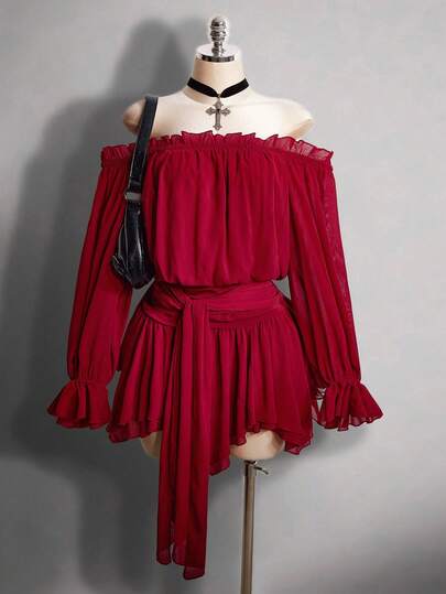 SHEIN ICON Vestido de moda para mujer de talla grande con hombros descubiertos, mangas acampanadas y cintura anudada de unicolor