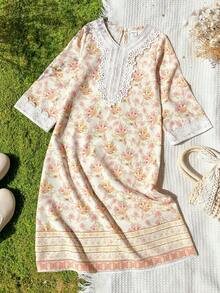 SHEIN Girls Blue Ditsy Floral Long Sleeve Dress, Ruffled Design, Fashionable & Elegant, Suitable For Everyday Wear, Spring/Autumn - Yellow - View 3
