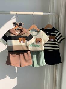 SHEIN 6件套男女宝宝夏季休闲可爱条纹小熊图案连帽T恤和松紧腰短裤套装，百搭装 - 彩色 - 查看 3