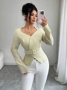 Modelyn Áo cánh nữ cổ tim viền bất đối xứng màu trơn họa tiết thanh lịch, thu/đông - Màu vàng ngỗng - Xem 7