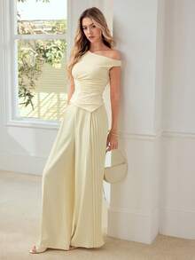 MOTF PREMIUM TOP SIN MANGAS ASIMÉTRICO CON CUELLO FRUNCIDO PARA CITAS ROMÁNTICAS DE MUJER, PRIMAVERA/VERANO - Amarillo claro - Ver 1