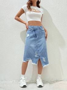 Easelle Women's Casual Fashion Street Chic Daily Commute Overlap Waist Distressed Frayed Hem Asymmetrical Hem Denim Skirt - Medium Wash - View 7