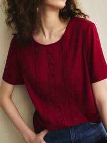Écloséra Áo kiểu Pháp cổ điển mặc hàng ngày, Áo nữ thường ngày, Áo thun đỏ nữ, Áo thun ren nữ, Áo thường ngày màu đỏ tía, Áo đi chơi, Áo tay ngắn, Áo thun cổ tròn, Áo đi nghỉ mát cho nữ, Áo thanh lịch cho nữ, Áo thun mùa hè màu đỏ tía cho nữ - Màu Đỏ Sâu - Xem 6