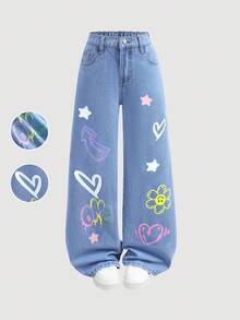 SHEIN Girlism 少女时尚休闲 Y2K 复古酷炫街头宽松舒适清爽可爱精致涂鸦花朵爱心图案蓝色牛仔裤日常穿搭春夏锐舞节和街头服饰 - 藍色 - 查看 1