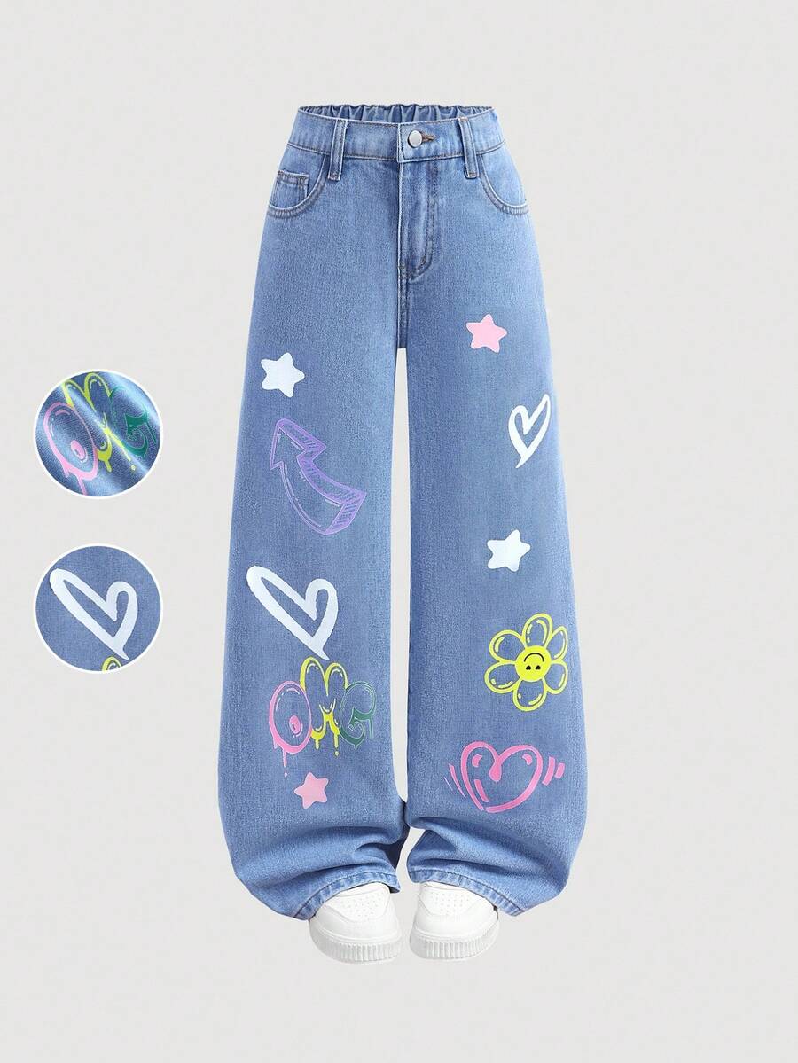 SHEIN Girlism 少女时尚休闲 Y2K 复古酷炫街头宽松舒适清爽可爱精致涂鸦花朵爱心图案蓝色牛仔裤日常穿搭春夏锐舞节和街头服饰 - 藍色 - 查看 1