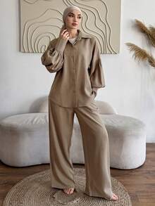 DAZY 春夏宽松商务休闲时尚办公室街头风长袖衬衫直筒裤套装，优雅通勤装扮，女士之选 - 棕色 - 查看 4