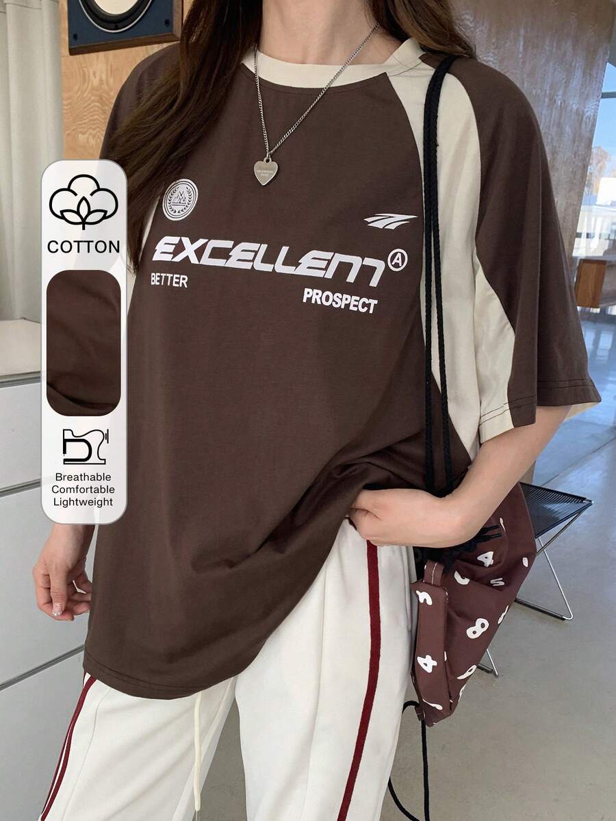 DAZY Áo thun tay ngắn cổ tròn in chữ màu tương phản dành cho nữ Áo thun EXCELLENT BETTER PROSPECT mùa hè - màu nâu - Xem 1