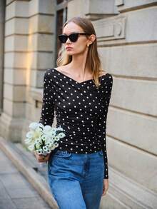 Lumivelle Valentine's Day Women's Fashionable Polka Dot Fitted Long Sleeve Elegant T-Shirt, Suitable For Work And Commute Wrap Top , Casual For Women - Black - View 1