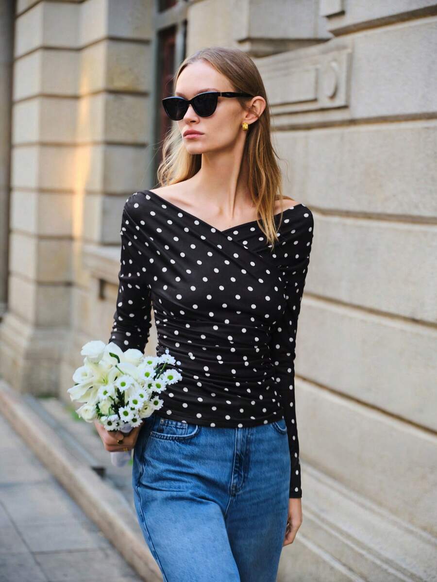 Lumivelle Valentine's Day Women's Fashionable Polka Dot Fitted Long Sleeve Elegant T-Shirt, Suitable For Work And Commute Wrap Top , Casual For Women - Black - View 1