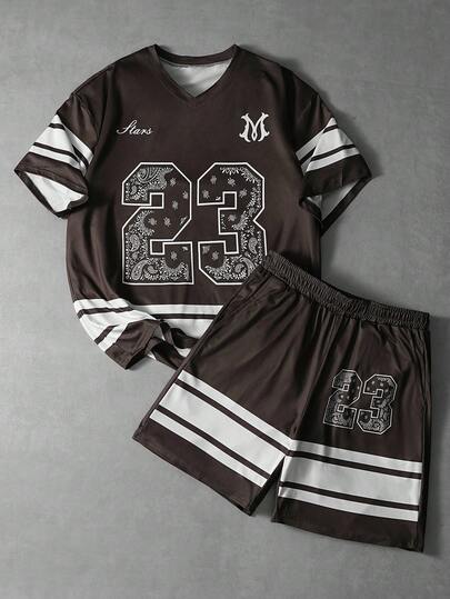 PAVTROS Valentine's Day,Spring To Summer,Gift For My Boyfriend,Mardi Gras,Vintage,Streetwear,Party,St Patrick's Day,Going Out, V-Neck Cashew Flower & Number 23 Print, Sports Casual, Travel & Holiday