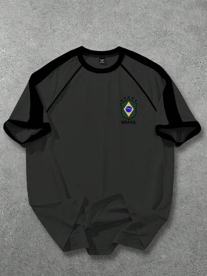 Manfinity Campus Court 1pc Men's Loose Raglan Sleeve Yellow & Green Soccer Jersey, With Green Emblem On Left Chest, Large "BRASIL" Text And Yellow Number "7" On Back, Casual Sports Everyday Wear, Great Gift For Boyfriend/Husband, Couple Matching Brazil Top Men S Baseball Shirt Brasil Shirt Brazil T-Shirt