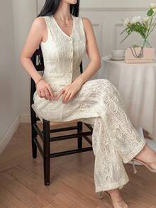 Dazy-Less Spring/Summer Elegant Lace 2-Piece Set: Sleeveless Jacket Top And Straight Leg Pants, Casual Commuting Outfit, Old Money Luxury Style Business Casual Woman - White - View 5