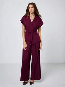 SHEIN Maija Women's Solid Color Minimalist Daily Short Sleeve Top And Pants Suit Pant Suit Summer Sets Co Ord Set Women - Burgundy - View 7