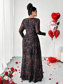 Elenzga Plus Size Women Elegant Leopard Print Cinched Waist Long Sleeve Dress, Autumn - Multicolor - View 2