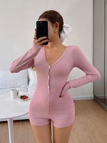 Dream Adore 女士针织提花可爱泰迪熊刺绣纽扣长袖连体裤，舒适优雅，居家穿着 - 粉色 - 查看 6