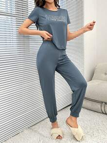 Slogan Graphic Tee & Tie Front Trousers PJ Set - Dusty Blue - View 4