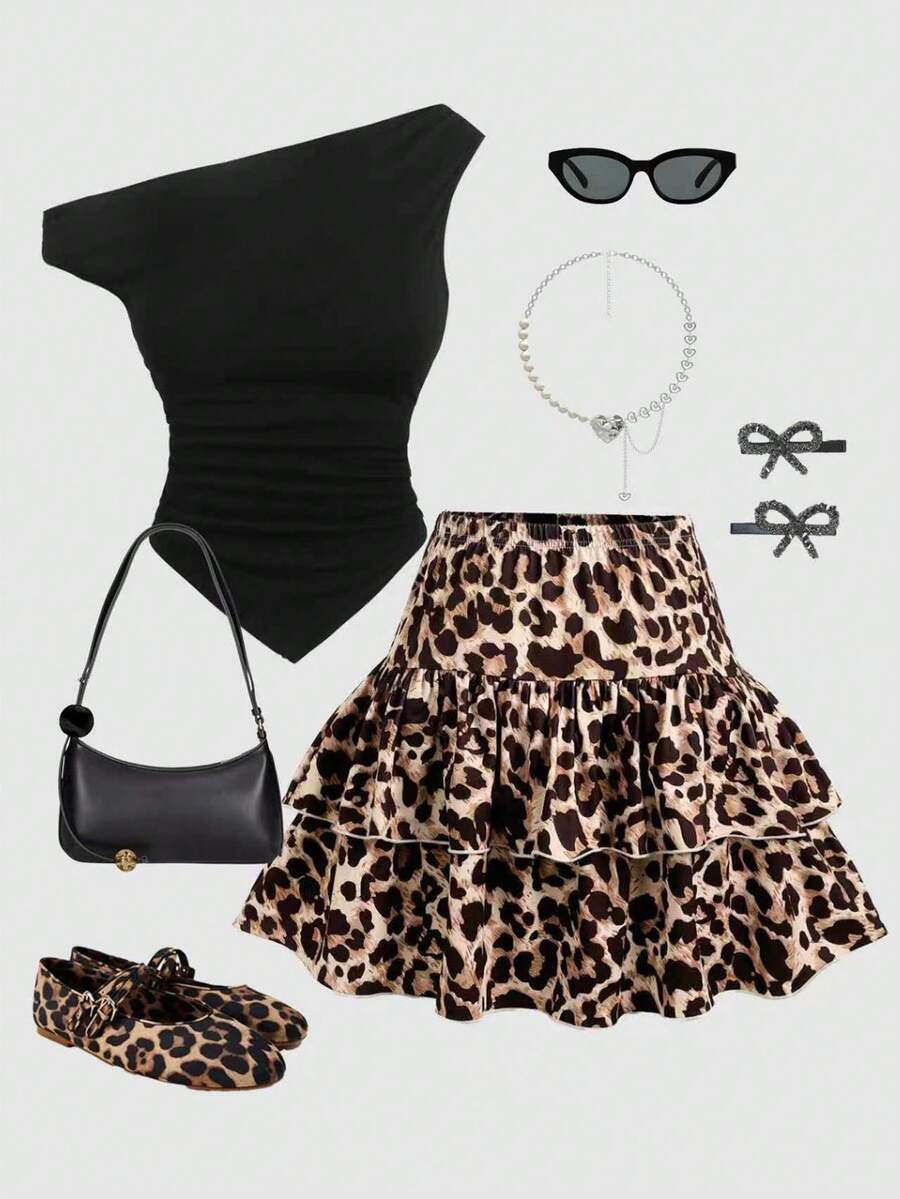 SHEIN 少女黑色针织不对称肩部褶皱不对称下摆T恤和豹纹叠层迷你裙两件套，春夏款 - 黑色 - 查看 1