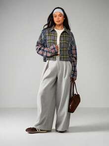 MISSGUIDED Mixed Plaid Button Up Collared Shirt With Contrasting Sleeves Fall Winter Casual Office Blouse Top - Multicolor - View 3