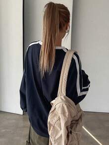 DAZY 宽松撞色圆领长袖长款T恤，女款，返校季 - 藏蓝色 - 查看 2