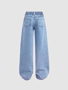 SHEIN 少女时尚休闲 Y2K 复古酷炫街头可爱精致蝴蝶结图案蓝色宽松舒适牛仔裤，适合少女日常穿着，也适合春夏派对、节日和街头服饰。 - 藍色 - 查看 2