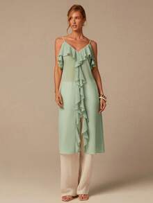 COSMINA Women's Ruffled Strap Long Top, Sleeveless Casual Vacation Bohemian Style Midi Cami Top In Light Green - Green - View 3