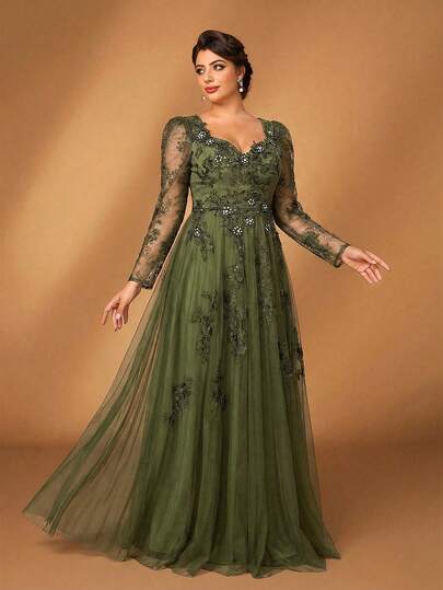 Serin Plus Size Elegant Luxurious Gray-Purple Sequin Embroidered Sweetheart Neck Long Sleeve Applique Design Extra-Wide Hem Dress, Suitable For Evening Party, Date, Ball, Vacation, Wedding, Bridal Mother Gown