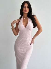 Firerie Đầm maxi ôm sát không tay cổ chữ V thanh lịch, lãng mạn, chất liệu vải dệt họa tiết, thích hợp cho những buổi hẹn hò, mùa xuân/hè. - Hồng - Xem 6