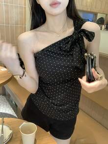 DAZY 女士波点单肩短袖T恤，时尚假日风，休闲韩式街头时尚，春夏款 - 黑色 - 查看 6