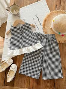 SHEIN LMoss Kids Babygirl Summer Cute Pink & White Plaid Ruffle Trim Sleeveless Top And Elastic Waist Loose Pants Set - Black - View 2