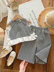 SHEIN LMoss Kids Babygirl Summer Cute Pink & White Plaid Ruffle Trim Sleeveless Top And Elastic Waist Loose Pants Set - Black - View 6