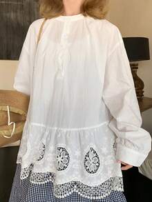 FRIFUL Áo sơ mi nữ dáng rộng, 100% cotton, thêu họa tiết, thích hợp cho kỳ nghỉ. - trắng - Xem 5