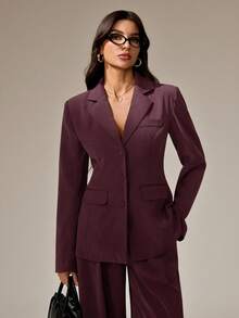 SHEIN Tall 女士秋冬酒红色纯色套装，通勤时尚之选；女士秋冬职业装套装，适合各种专业场合；圣诞节女装；舒适秋冬女装；秋季女装 - 酒紅色 - 查看 4