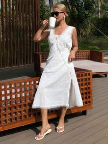 DAZY Cămașă de noapte pentru femei, stil romantic de vacanță, ușoară, texturată, cu dantelă, cu decolteu adânc în V, fără mâneci - alb - Vizualizare 6