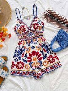 Soleia Women's Colorful Tropical Print Sleeveless Jumpsuit, One Shoulder, Metal Decor, Suitable For Brunch, Summer, Mother's Day, Graduation, Church, Beach, Music Festival, Airport, Afternoon Tea,  Spring To Summer Valentine's Day  Carnival Carnival Costume  Party Beach Wedding - Multicolor - View 3