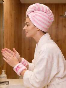 Zestaw 3 szt.: Chłonny czepek do suszenia włosów + opaska na głowę + opaska na nadgarstek, miękki czepek do suszenia włosów wykonany z materiału tekstylnego, odpowiedni do użytku domowego - Wielokolorowe - Zobacz 8